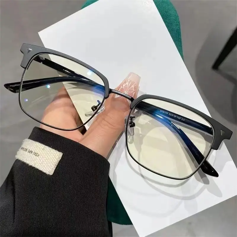 Unisex Retro Browline Semi-Rim Eyeglasses - Blue Light Blocking Lenses, Lightweight Metal Frame, Prescription Ready Fashion Accessory for Office Wear
