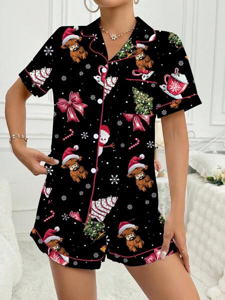 【Christmas Pajamas】Cute Highland Cow Animal Print Short Sleeve Pajama Set, Comfortable Sleepwear for All Seasons, Christmas Gift