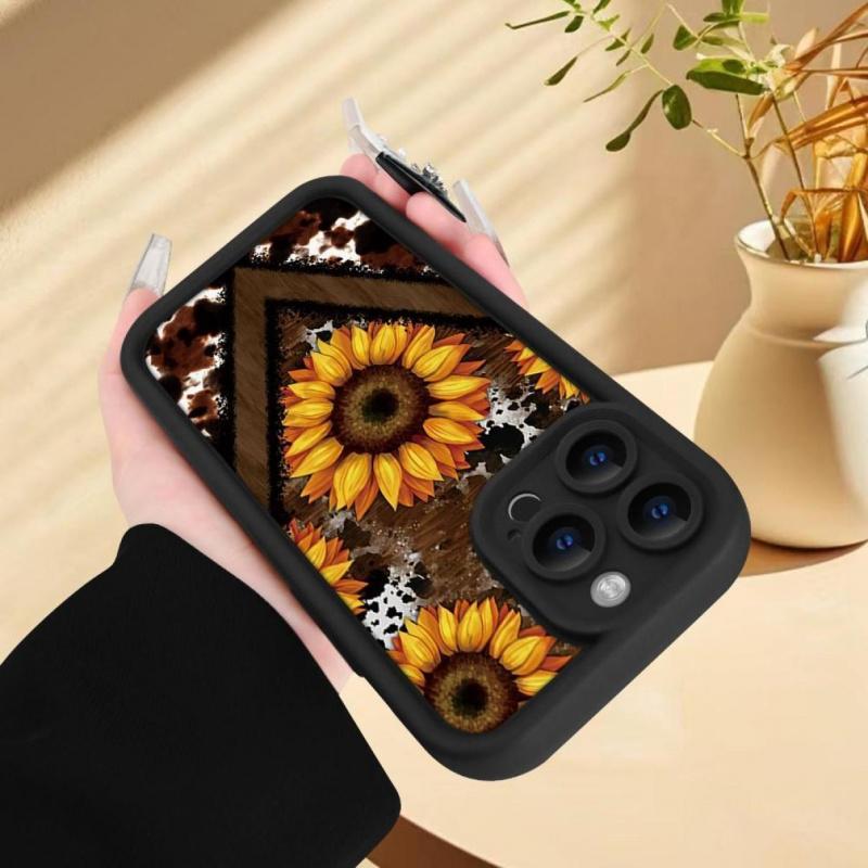 Creative - Western Leopard Print And Sunflower - for Iphone17/ 16/15/14/13/12/11 XS XR X Plus Pro Max - Black TPU Soft Case, Phone Accessories, Accessories Durable Protection