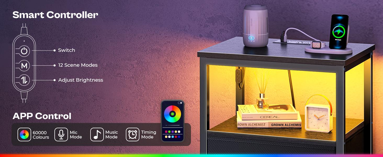 Huuger Night Stand with Charger Station and LED Lights, 3 Drawer Nightstand, Bed Side Table with Open Shelf, Tall Fabric Dresser for Bedroom room decor