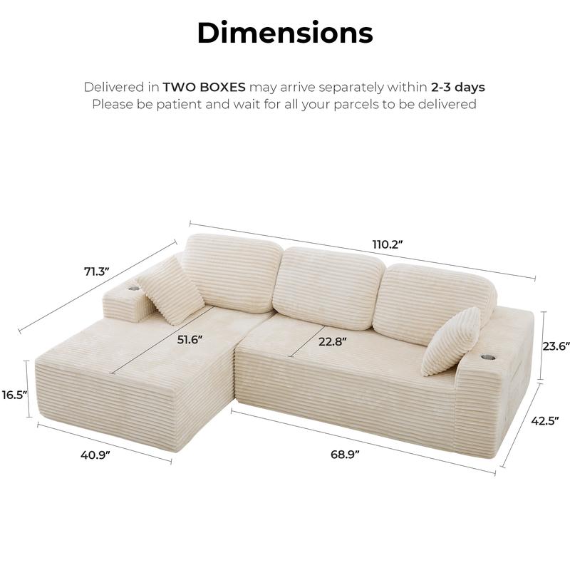 LIKIMIO 49" Oversized Chaise Lounge Sofa Bed with 2 Cup Holders & Storage Pocket - Plush Corduroy Upholstered, No Assembly Cloud Couch for Living Room, Bedroom, or Reading Nook