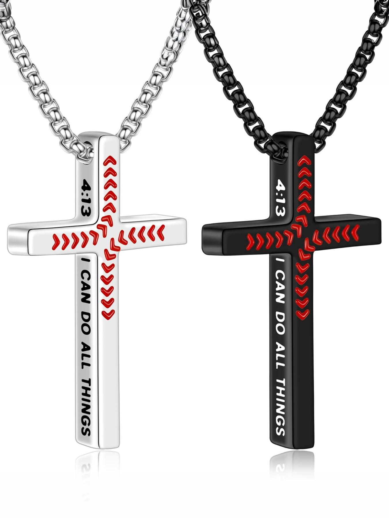 Punk Fashion Cross Necklace 4:13 Bible Verse Cross Pendant Necklace, Black and Silver Necklaces for Boys and Men #Baseball/316L Stainless Steel/Fade-Resistant/Hypoallergenic/Couples/Festivals/Parties/Ideal Gift