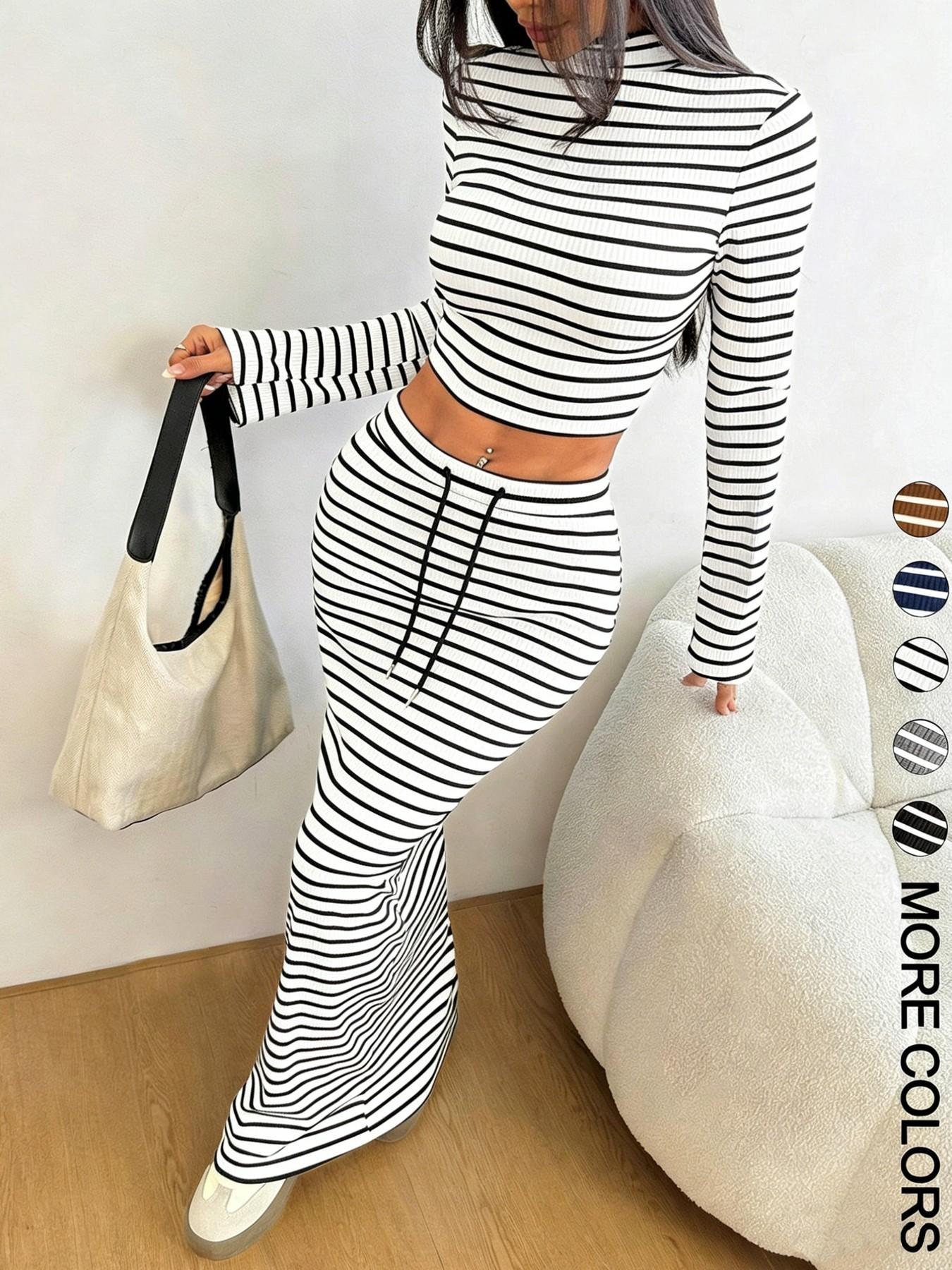 Women's Striped Print Long Sleeve Top & Skirt Two-Piece Set, Elegant Casual Outfits for Daily Outdoor Wear, Women's Clothes for All Seasons, Airport Outfit