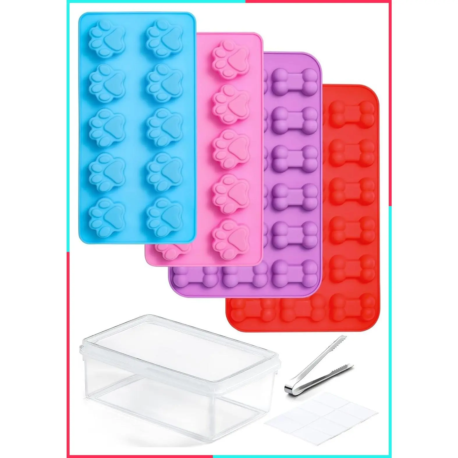 4 Pack Non-Stick Silicone Dog Treat Molds with Container and Ice Tong, Puppy Paw and Bone Shaped Set with Storage Bin for Dog Popsicles, Chocolate, Gummy, Candy, Baking, Jelly, Ice Cube, Pudding