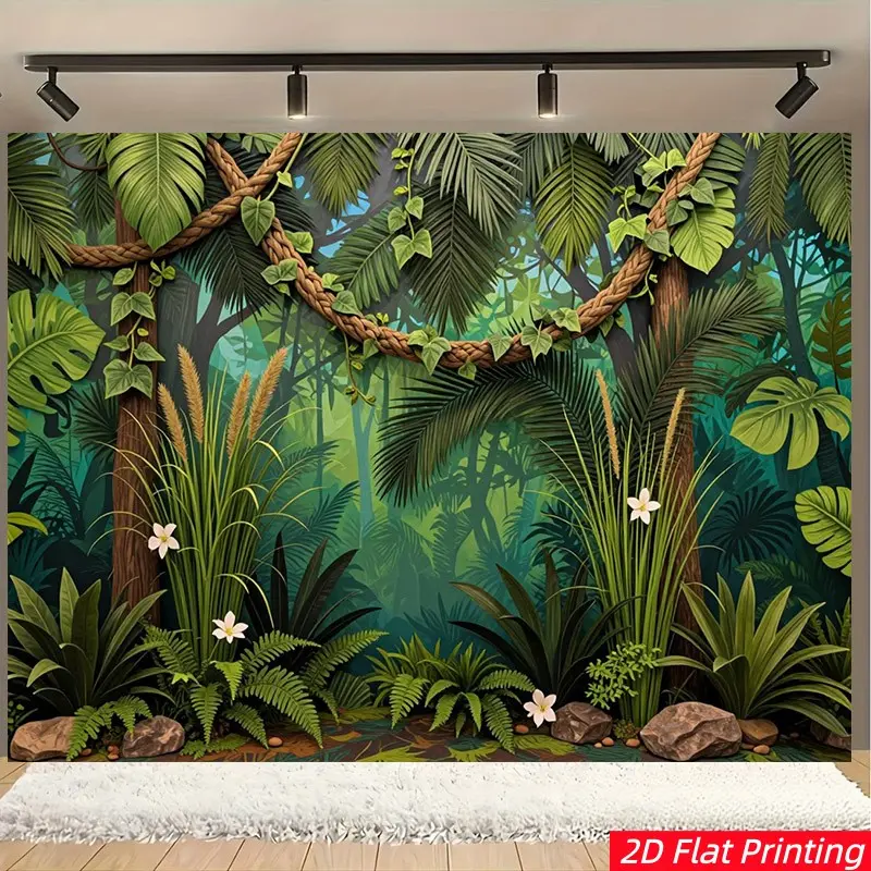 2D flat tropical rainforest green vine jungle background cloth, dense jungle print, polyester fiber, suitable for jungle theme parties, live broadcast rooms, photography studios, Hanging wall decor, indoor and outdoor wall forest scene decoration