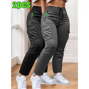 Women's 2 Pack Cargo Joggers, Women's Zipper Pocket Cargo Pants, Women's Athletic Cargo Trousers, Women's Elastic Waist Cargo Pants