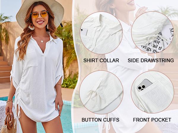 Blooming Jelly Womens Bathing Suit Cover Ups Bikini Swimsuit Coverup Drawstring Beach Dress Shirt
