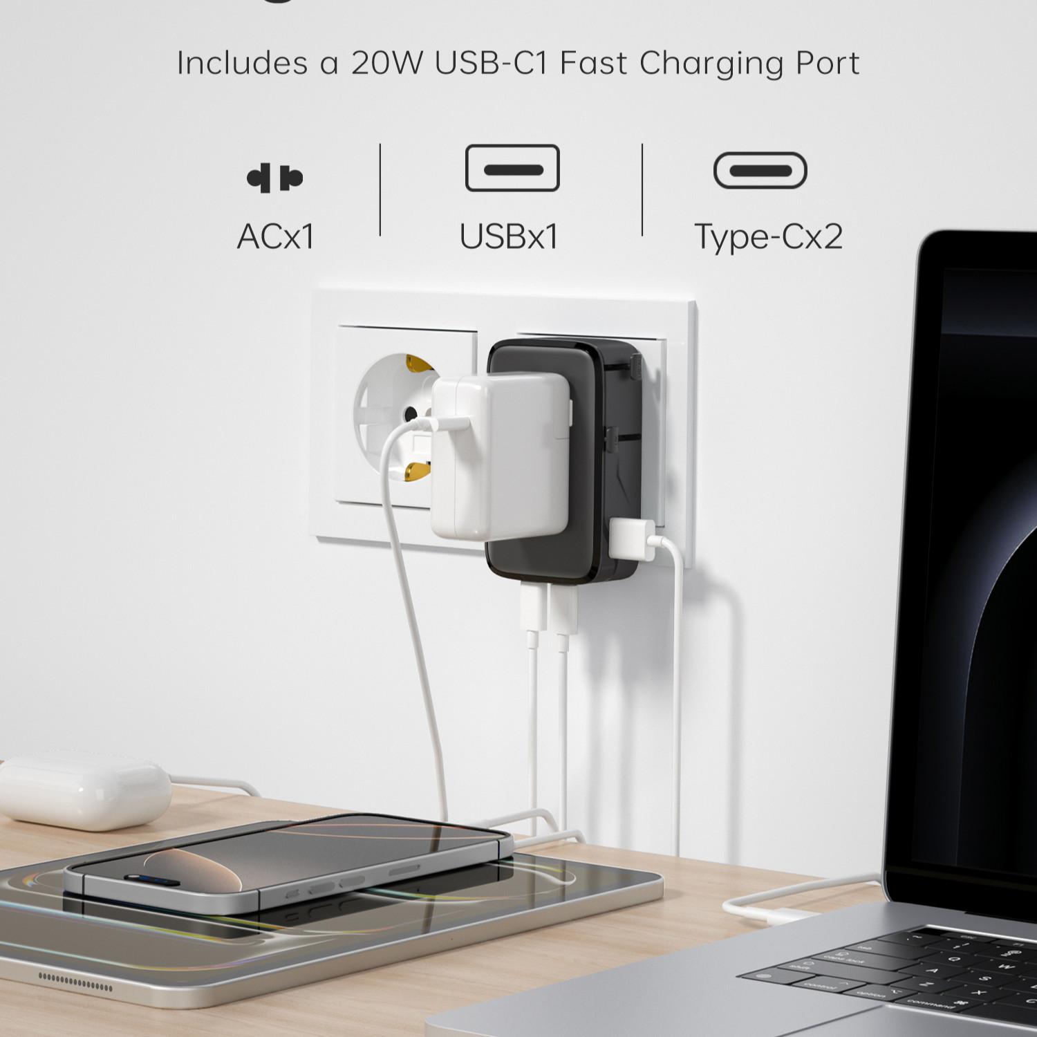 35w Gan Universal Travel Adapter, 1a2c Fast Charging, Multi-Port Charger, Compatible with Uk Us Eu Au Plugs, Ideal for Business Trips