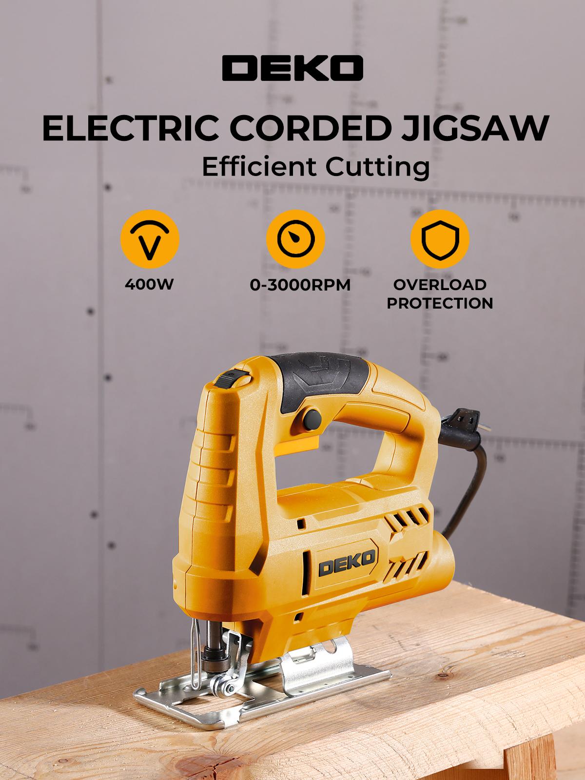 DEKO 400W Electric Jigsaw | 8 Blades Included | 0-3000RPM Variable Speed | 45° Bevel Cutting | Multi-Purpose Power Tool for Wood, Metal & DIY | Professional Cutting Saw