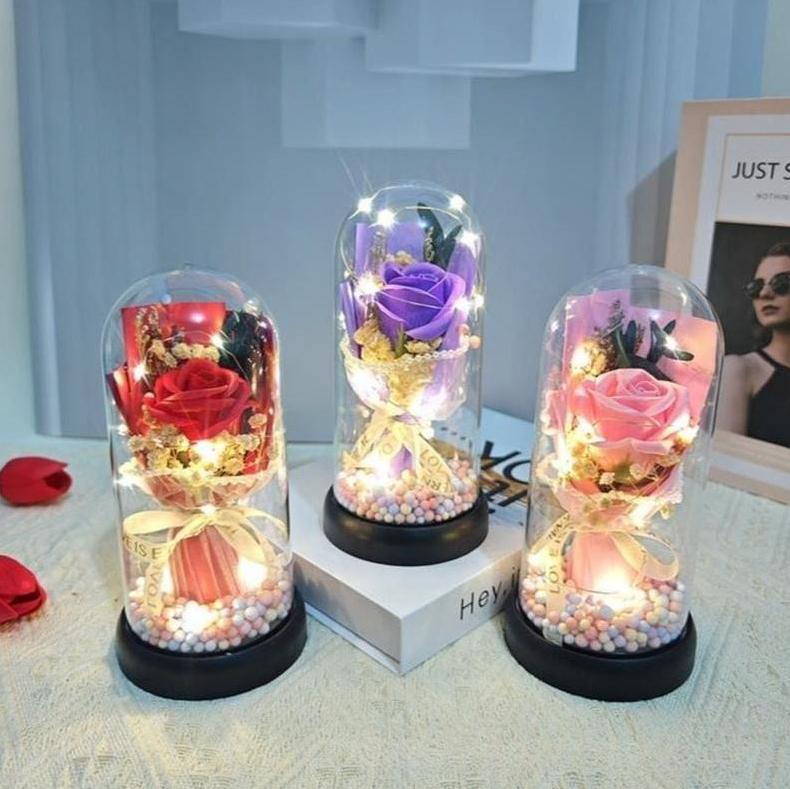 Lighted Acrylic Dome Eternal Flower Bouquet, Preserved Soap Rose Carnation Tulip Arrangement, Warm Night Light Gift for Mom, Mother’s Day Valentine’s Day Present