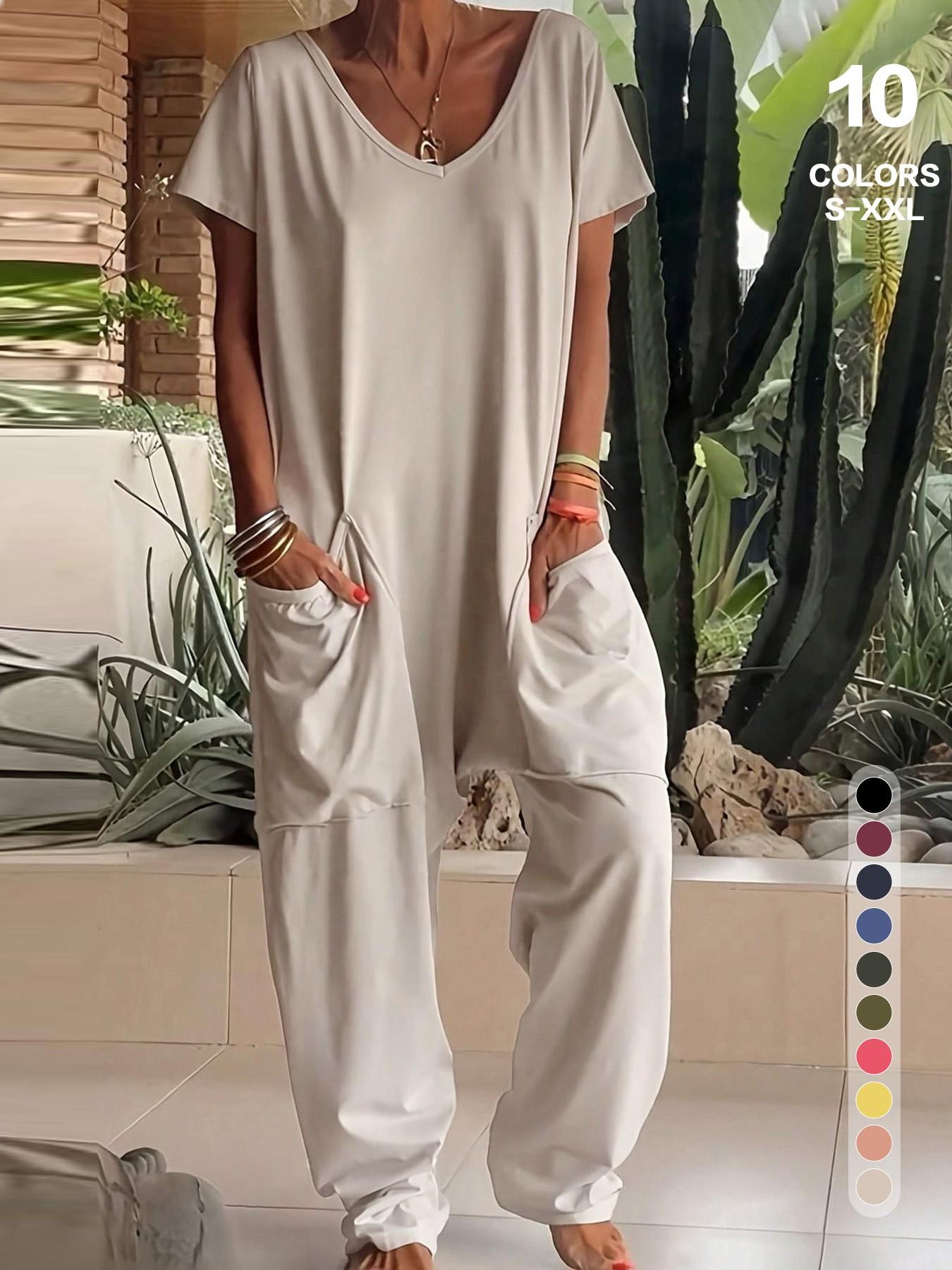 2026 Women's Casual Oversized Jumpsuit, Casual Jumpsuits, Short-Sleeve Batwing V-Neck Harem Pants With pockets, Loose Fit Wide Leg, Perfect for All Seasons, Stylish & Comfortable，Suitable for Daily Home Wear and Fashionable for Outings