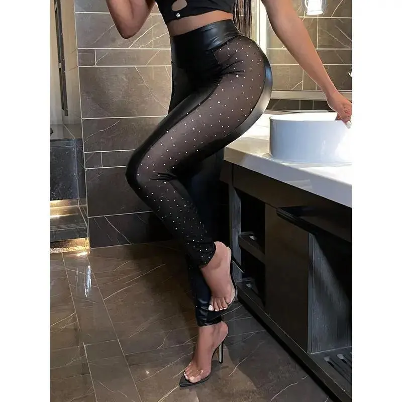 Women's Sequin Mesh Contrast Elasticity Faux Leather Skinny Pants With Ankle Hem Fit Womenswear Black Casual Bottom Leggings Fabric Sheer Basic Minimalist High Waisted Stretchy