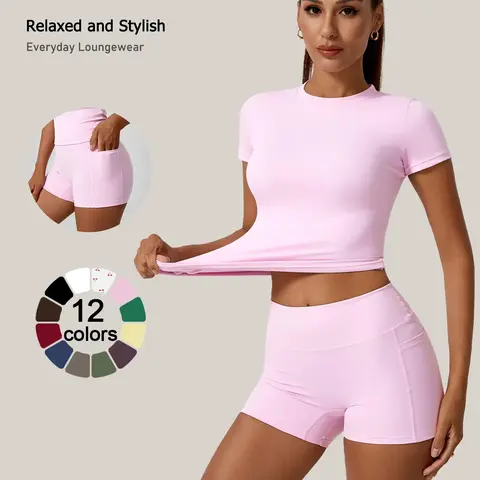 2 piece set, Athletic clothes set, Sporty Style Clothes, women's Sportswear Yoga Suit Set solid color quick drying short sleeved top with pockets on both sides shorts with tight fit suitable for yoga gym training running cycling all season shorts