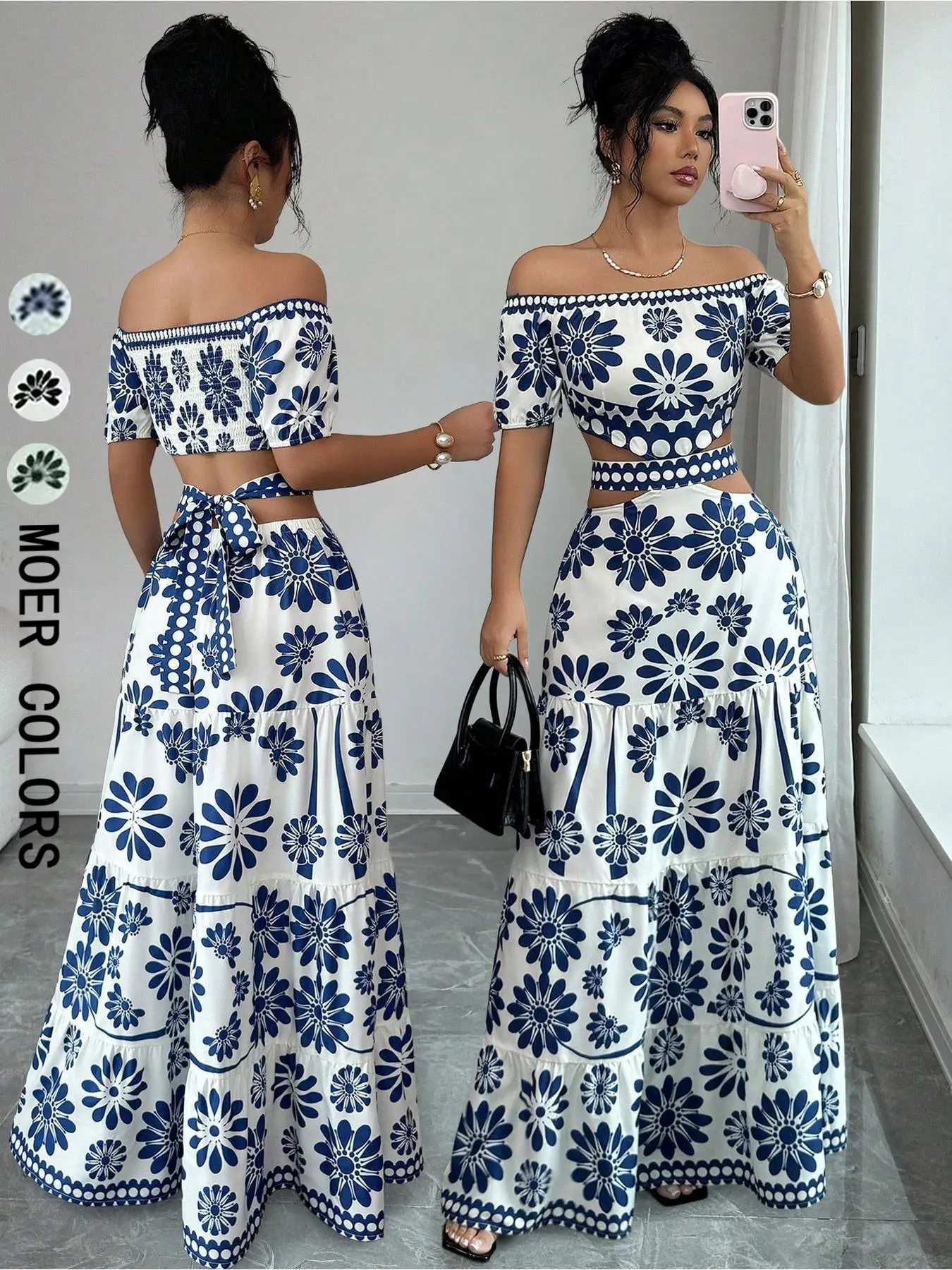 Vintage Blue Floral Dress, off Shoulder, Ruched Top, Hollow Out Waist, Butterfly Back, Layered Long Skirt, Beach Vacation