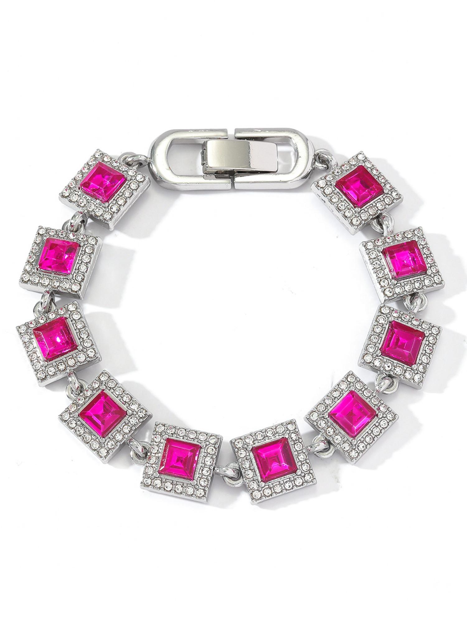 Trendy Spliced Square Color Necklace Bracelet Set, Unisex Iced Out Blingbling Design, Ideal Jewelry Gift & Punk Style Accessory