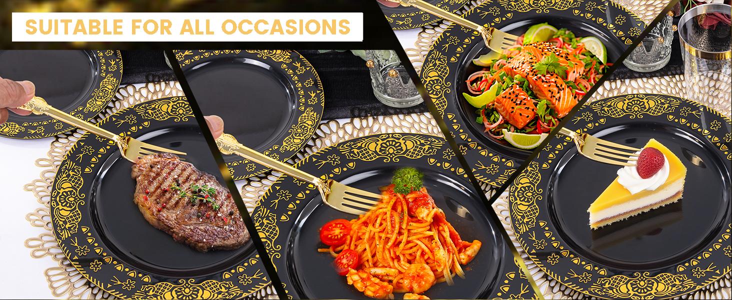350PCS Black and Gold - Gold Disposable Dinnerware Set Include 50 Dinner, 50 Dessert, 150 Gold Silverware, 50, 50 Cups for Wedding &