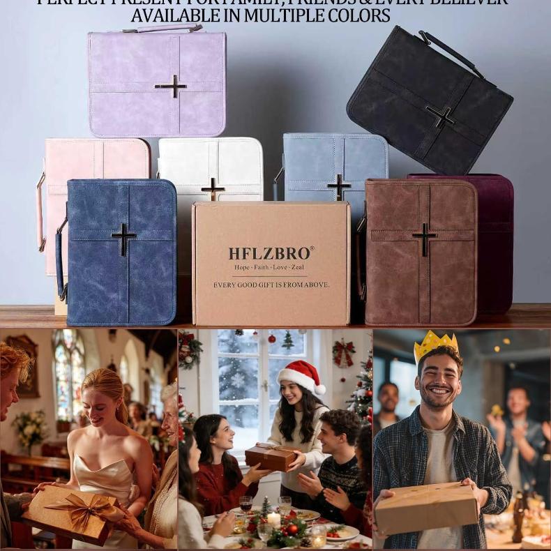 Classic Vegan Leather Bible Cover with Metal Cross Design Handle Zipper Bible Case Organizer Bag Durable Bible Study Supplies Carrying Bag for Men Women Christian Religious Daily Use Black
