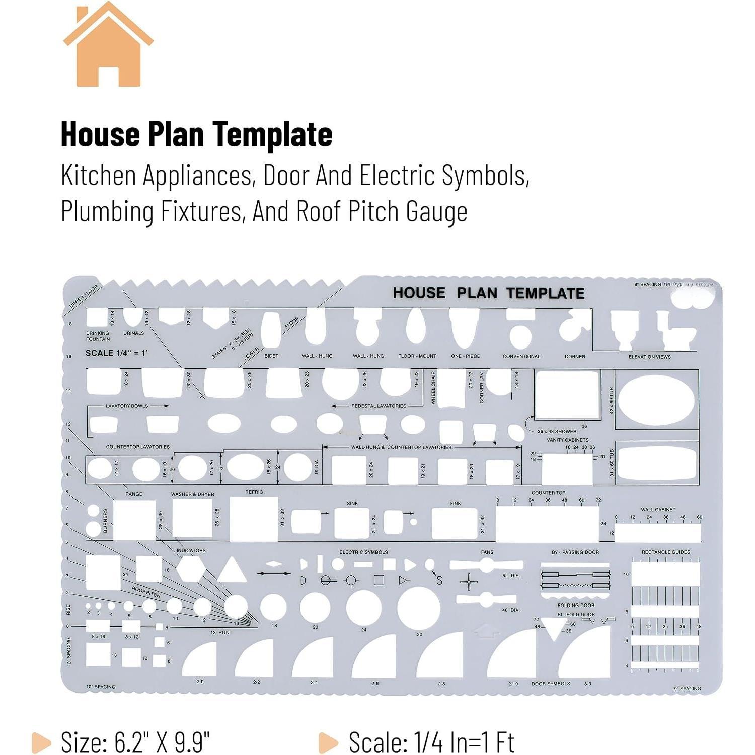 - House Plan, 3 count, Interior Design and Furniture Templates | Clear Flexible Plastic, Drafting Tools, Ruler Shapes for Architecture, 1/4 Inch Scale, Kitchen, Bath, Bedroom, Office