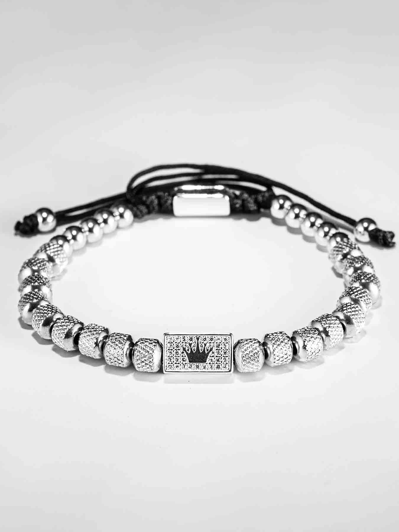 Vintage Stainless Steel Beaded Zircon Crown Handwoven Bracelet, Casual Versatile Men's Trendy Party Adjustable Bracelet, Beaded Bracelets