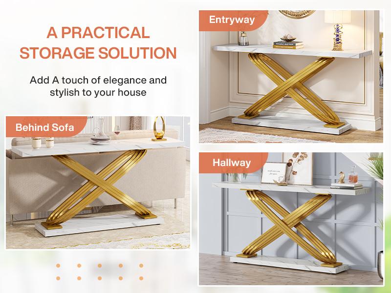 LITTLE TREE 55 Inch Modern Console Table, Faux Marble Gold Entryway Table Behind Sofa Couch, Narrow Rectangular Sofa Table for Living Room, Bedroom, Front Hall, Hallway