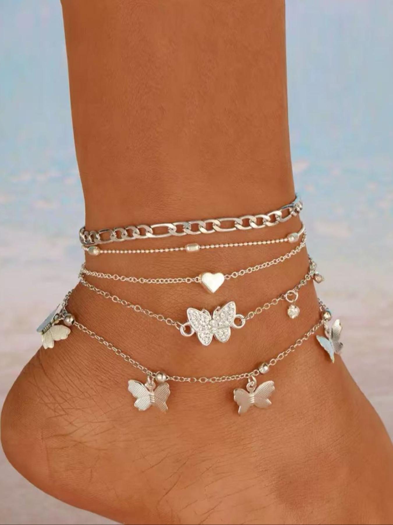 Set of 4 Boho Anklets for Women, Wearable Jewelry, Jewelry, Jewelry Accessories, Multi-Layer Beaded Anklet Set with Butterfly & Heart Designs, Embellished with Synthetic Diamonds, For Summer Holidays, Beach Parties & Bikini Outfits, Foot Jewelry