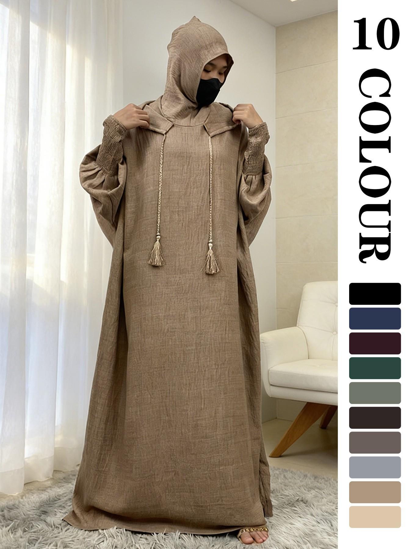 Women's Solid Color Batwing Sleeve Drawstring Hooded Dress, Casual Long Sleeve Shirred Cuff Long Dress for Spring & Fall, Women's Islamic Clothing for Daily Wear