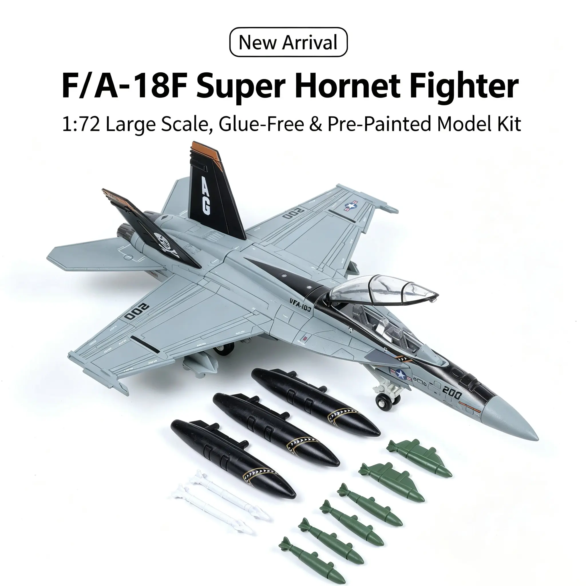 American F18 Skull Squadron Fighter Jet Model, No Glue Pre-Painted Finish, Missile Accessories, Static Plane Ornament, Military Collection Gift