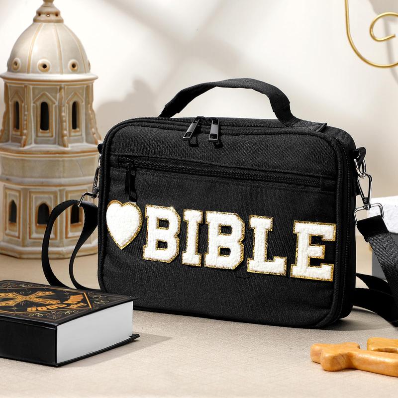 Bible Case for Christian Girl, Cute Bible Case Chenille Letter Bible Cover Case with Shoulder Strap Canvas Tote Carrying Bag Gift for Christian Teenagers Girl Student, Bible Study Supplies, Church Tote Bag, Easter Gift for Christian Daughter