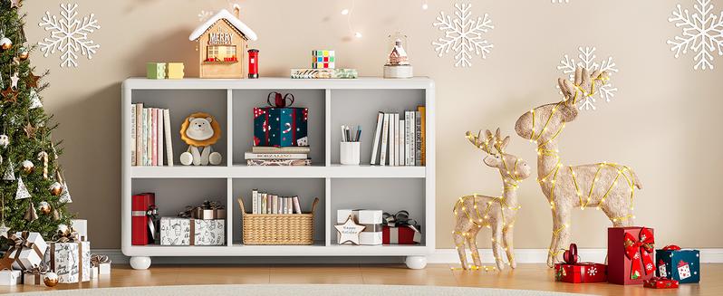 ONBRILL Wooden Bookcase with 6 Cube Storage, Kids Bookshelf with Sphere Foot, Sturdy Toy Storage Organizer, Safe Rounded Corners Bookcase for Living Room, Playroom, Nursery【BlackFridayDeal】