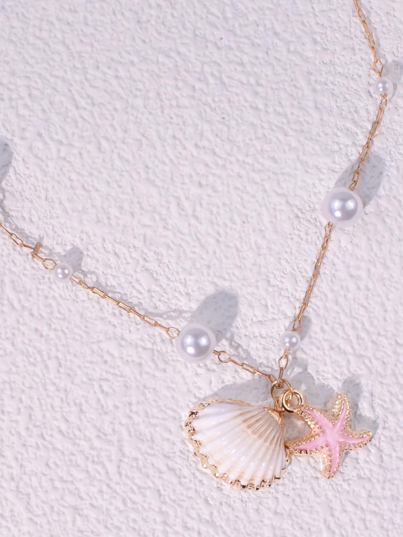 Elegant Beach Style Faux Pearl Beaded Chain Necklace with Natural Shell Lucky Starfish Pendant for Women, Fashion Jewelry Accessory