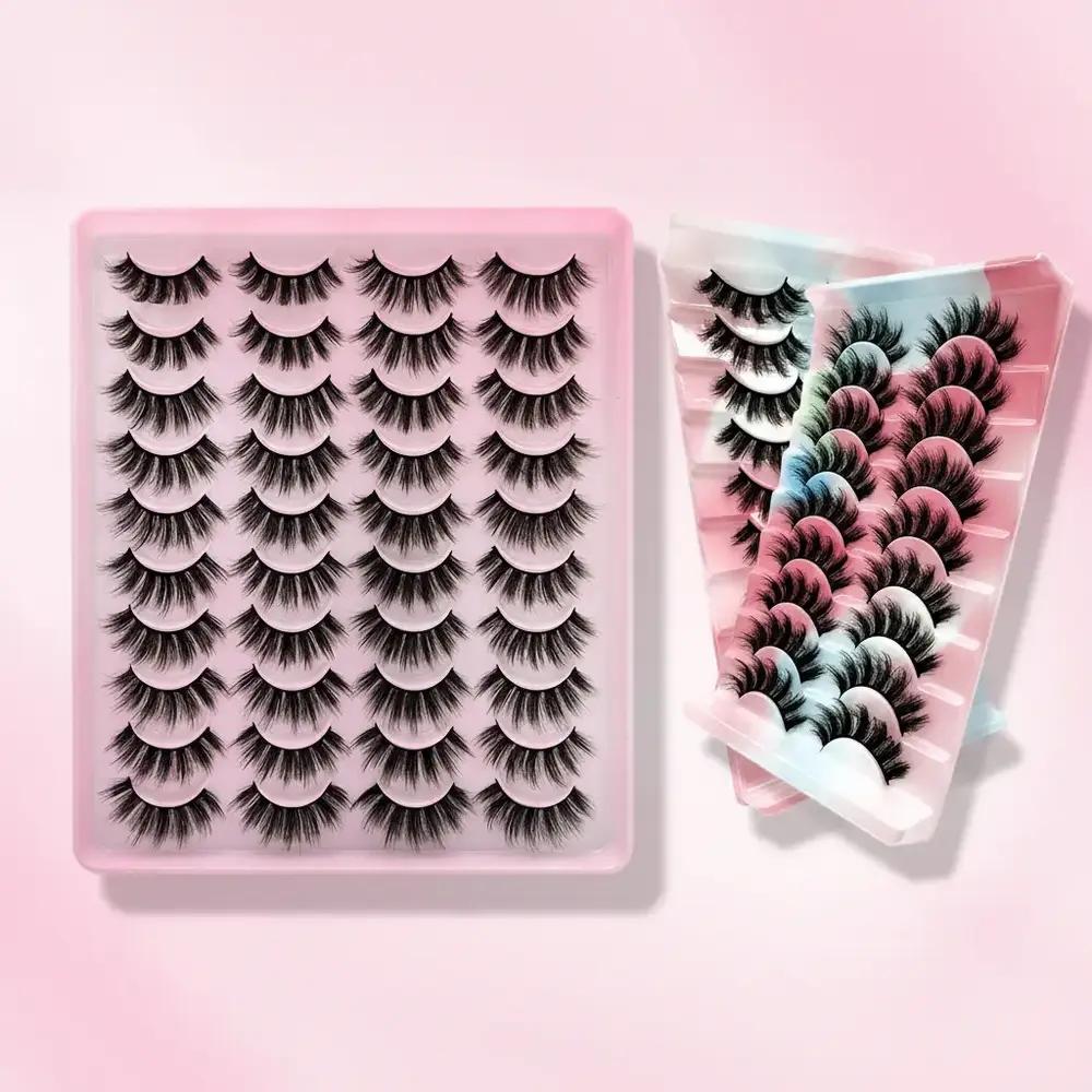 Long D Curl & Fluffy False Eyelashes Bundle, 20 Pairs Pink and 10 Pairs Red & Lilac Wispy Faux Strip Lashes with Man-Made Fiber and Polyester Materials, One-Size