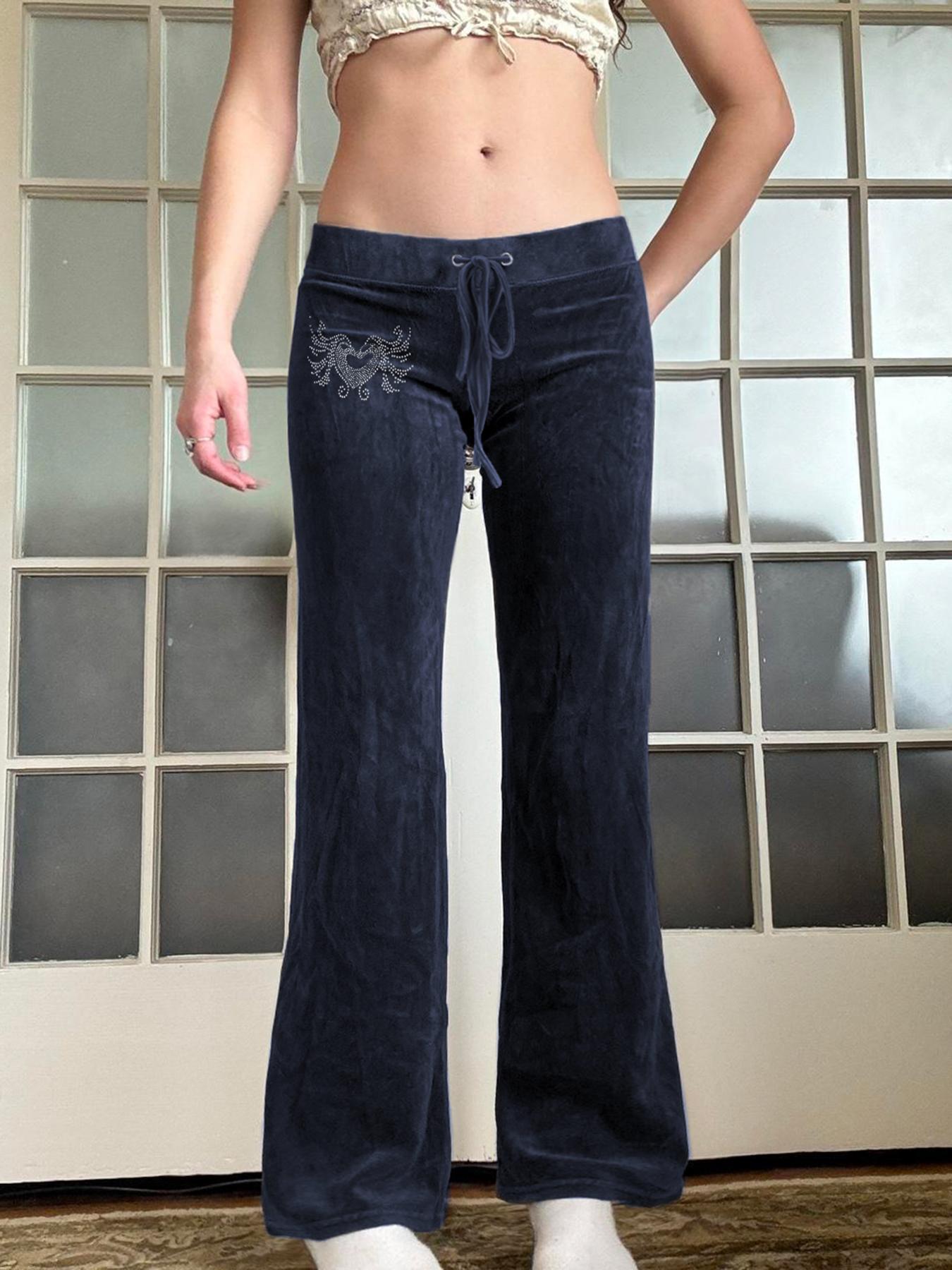 Vintage Y2K Heart Rhinestone Velvet Low Waist Flare Pants Women, Slim-Fitting All Season Fashion, Moderate Fabric Style