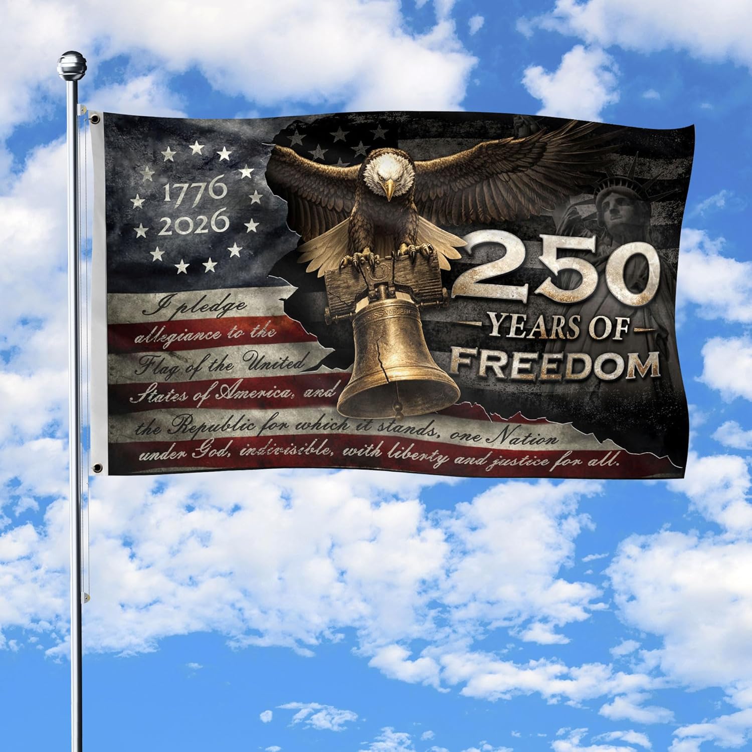 3x5 ft distressed style 1776-2026 US 250th Anniversary Liberty Commemorative Polyester Flag, featuring American Eagle, Liberty Bell, and Torch vintage distressed design, suitable for US 250th Anniversary and Independence Day decorations.