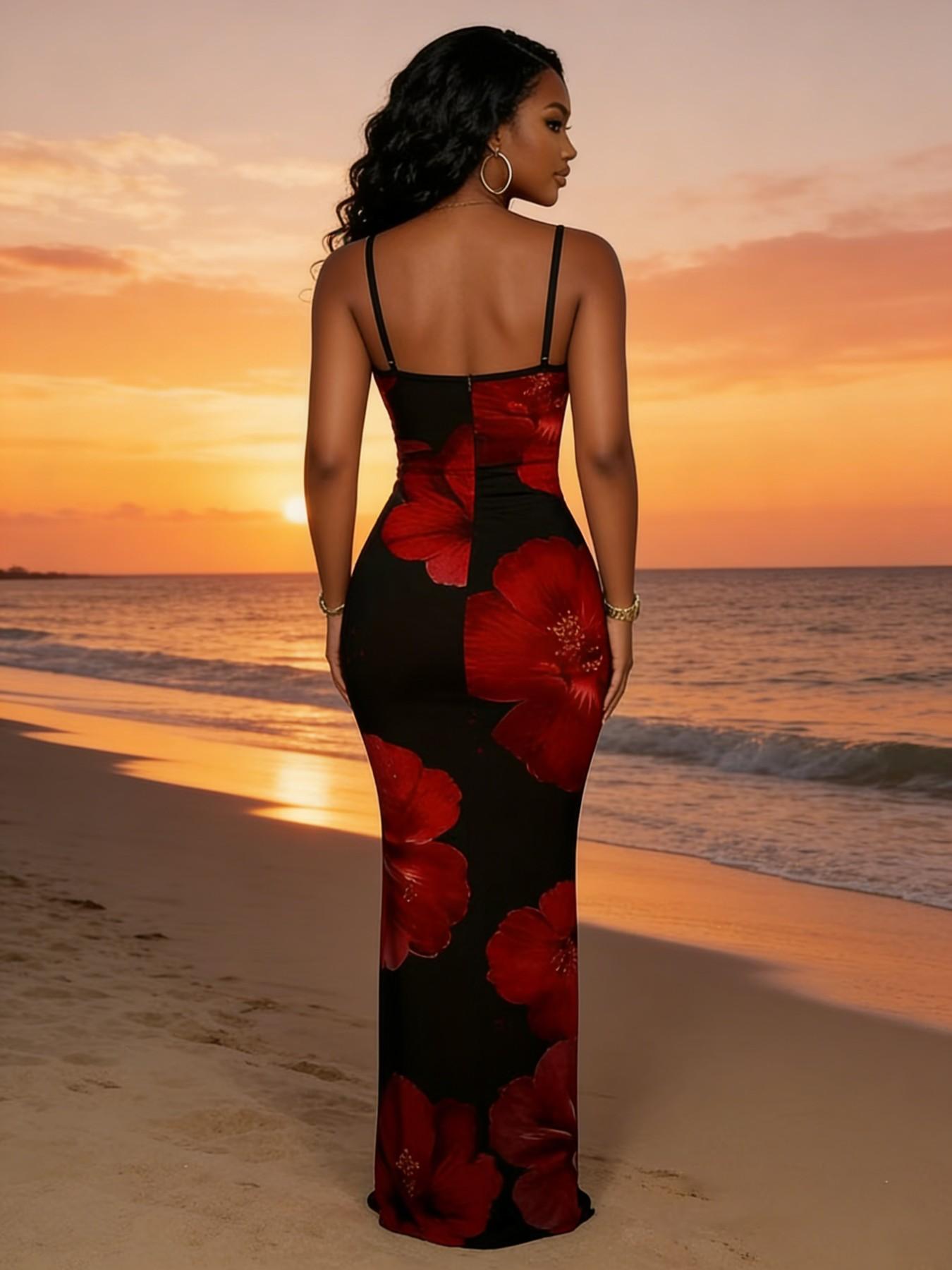 Hawaiian Style Base Flower/ Flower Print Halter Dress, Slim Fit Long Vacation Dress, Trendy and Fashionable