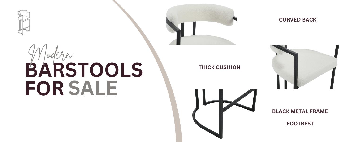 CHAIRUS 26 Inch Sherpa Modern Bar Stools Set of 2 Faux Fur Upholstered Bar Chairs with Metal Base Footrest, Kitchen Counter Chairs for Home Bar/Pub/Dining Room/Kitchen Island, White