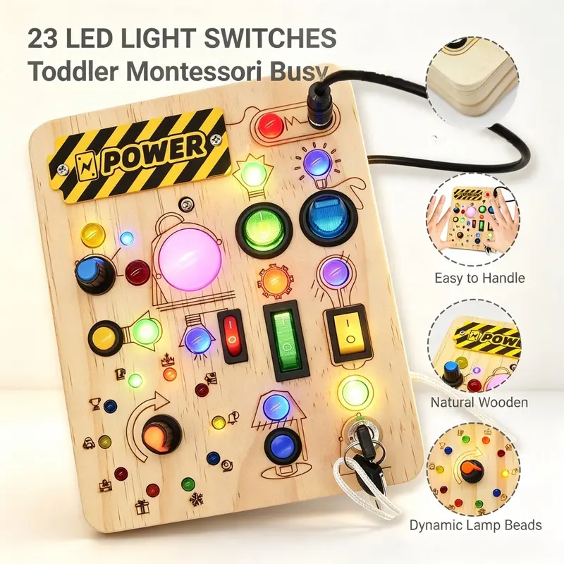 Busy board with LED light switch, suitable for children's Montessori toys, children's sensory activity board, suitable for boys and girls' travel toys, birthday gifts