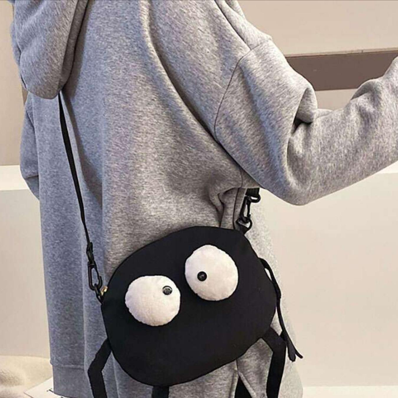 Cute Cartoon Charcoal Ball Design Canvas Handbag Organizer Bag, Minimalist Crossbody Bag with Colorful Edges, Stylish Daily Use
