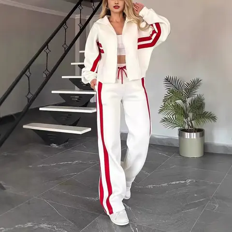 Women's Autumn Y2K Striped Zipper Top 2-Piece Baggy Loose Sports Suit, Lady's Casual Outdoor Activewear Set