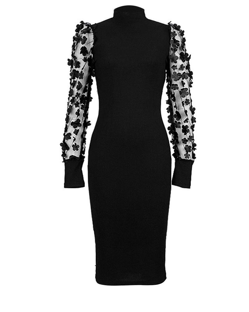 ChicMe Women's Elegant Midi Dress Contrast Mesh Puff Sleeve Ribbed Holiday Party Outfit for Women