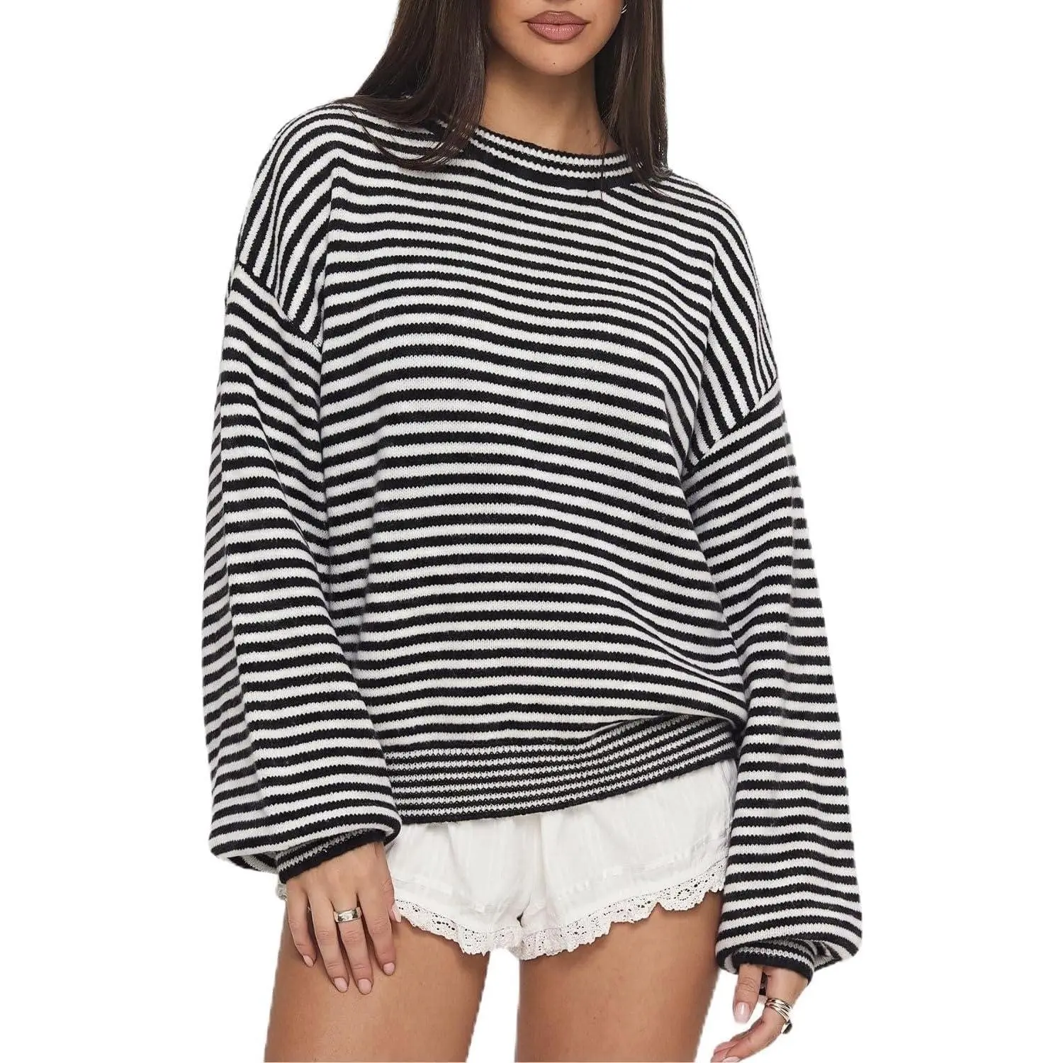 QINSEN Apparel Women's Crewneck Oversized Sweater Striped Long Sleeve Pullover Knitwear Soft Casual 2026 Fall Winter
