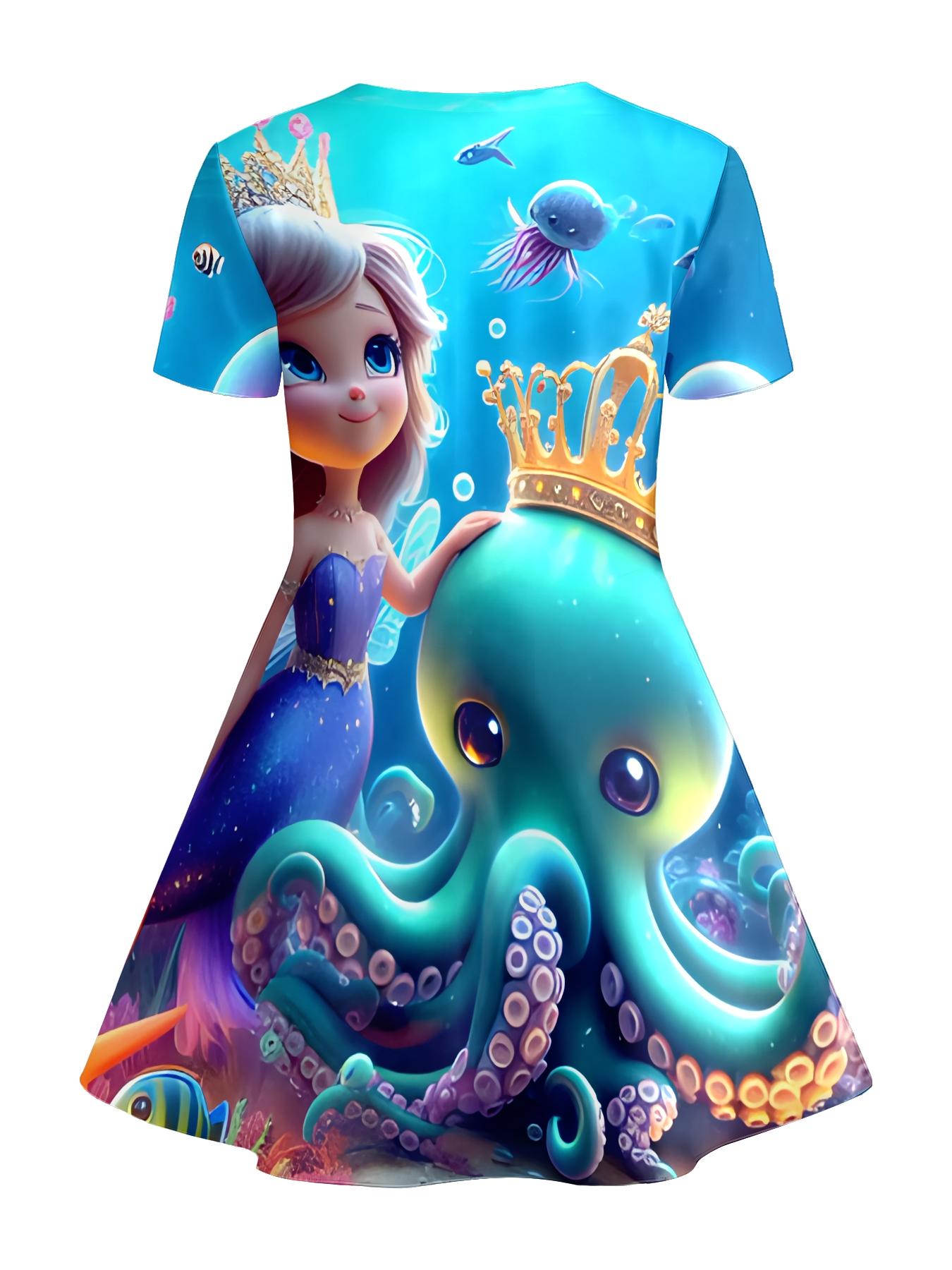 Girls Summer Mermaid Octopus Print Dress, Kids Underwater World Crew Neck Short Sleeve A-Line Dress