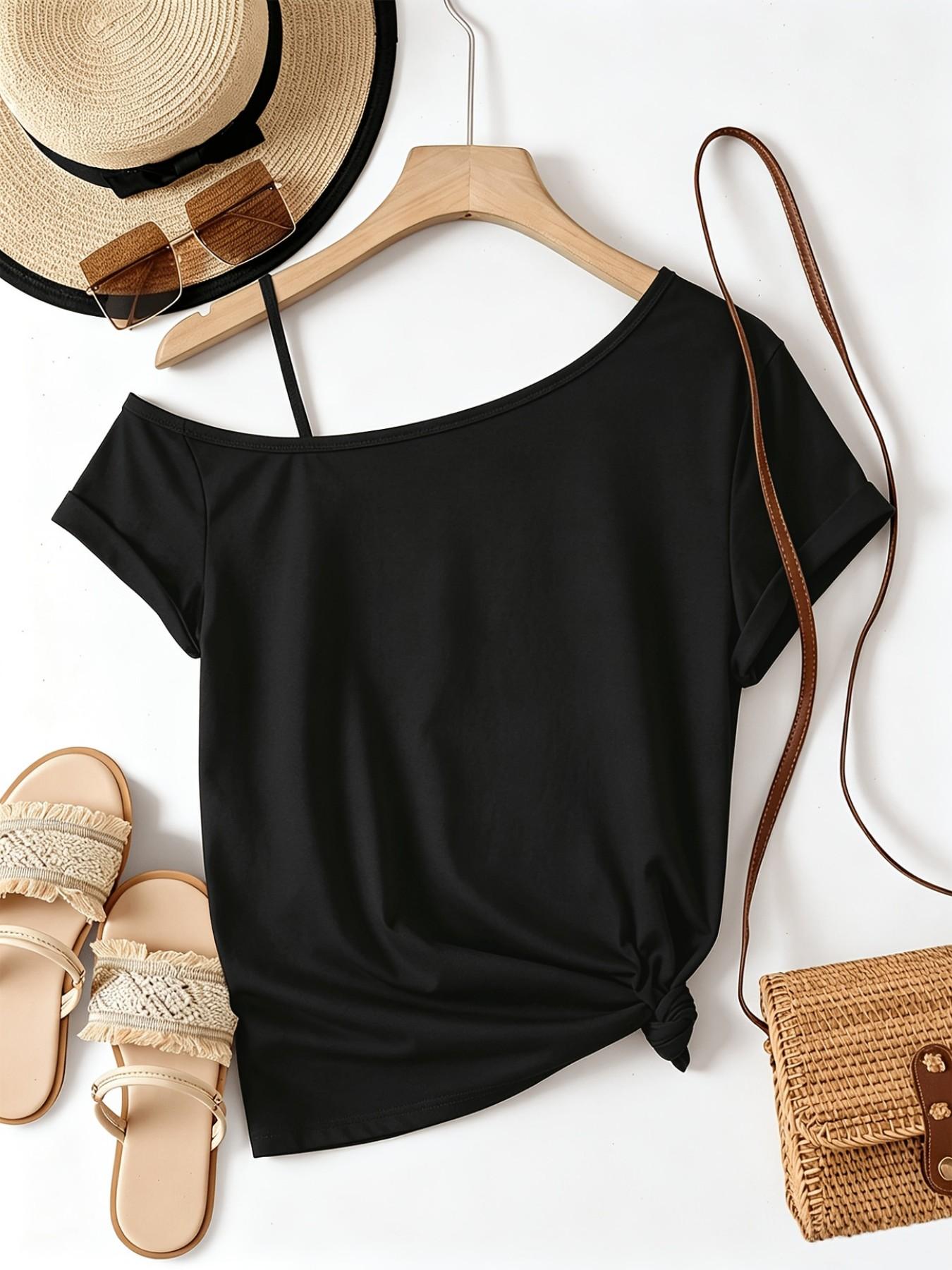 Women's Casual Asymmetrical Shoulder Letter Print Short Sleeve Top, Fitted Unlined Tee, All-Season Wear, Casual Chic Top