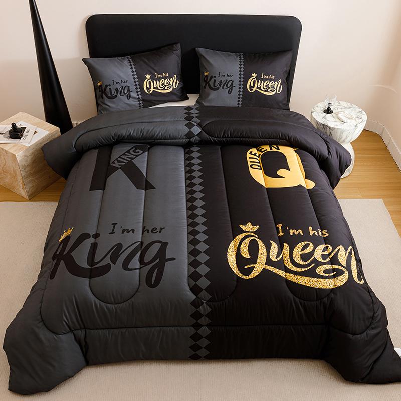 3-piece Crown letter black and gray color block super soft breathable warm  Quilt Set (1 Quilt +2 pillow cases without pillow cores), with 180gsm quilted soft ventilation digital printing for bedroom dormitory at home, no bed sheets and bed covers
