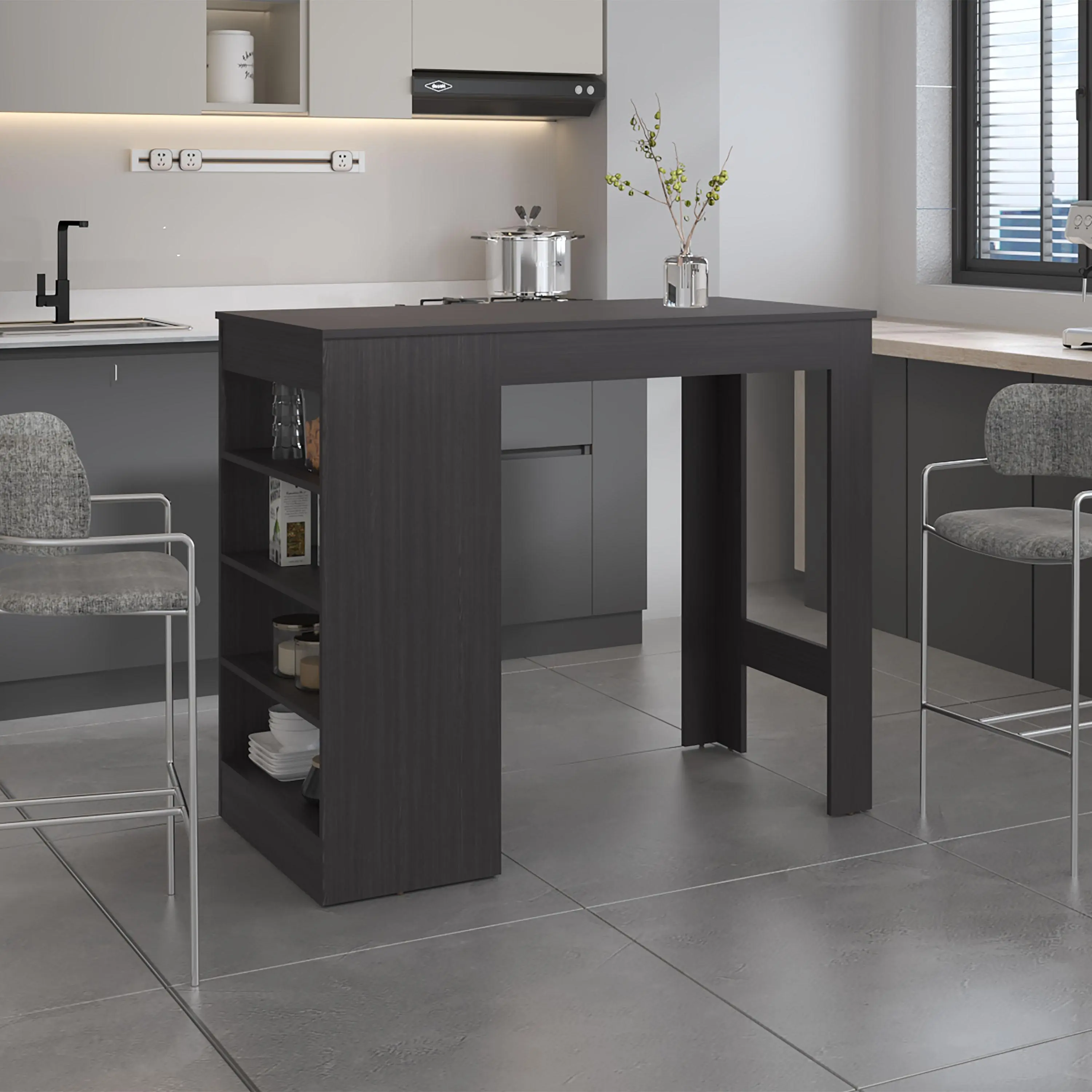 Black Counter Table with 4 Storage Shelves, 47.2 in Wide Engineered Wood, Space-Saving for Kitchen, Dining Room, or Home Bar