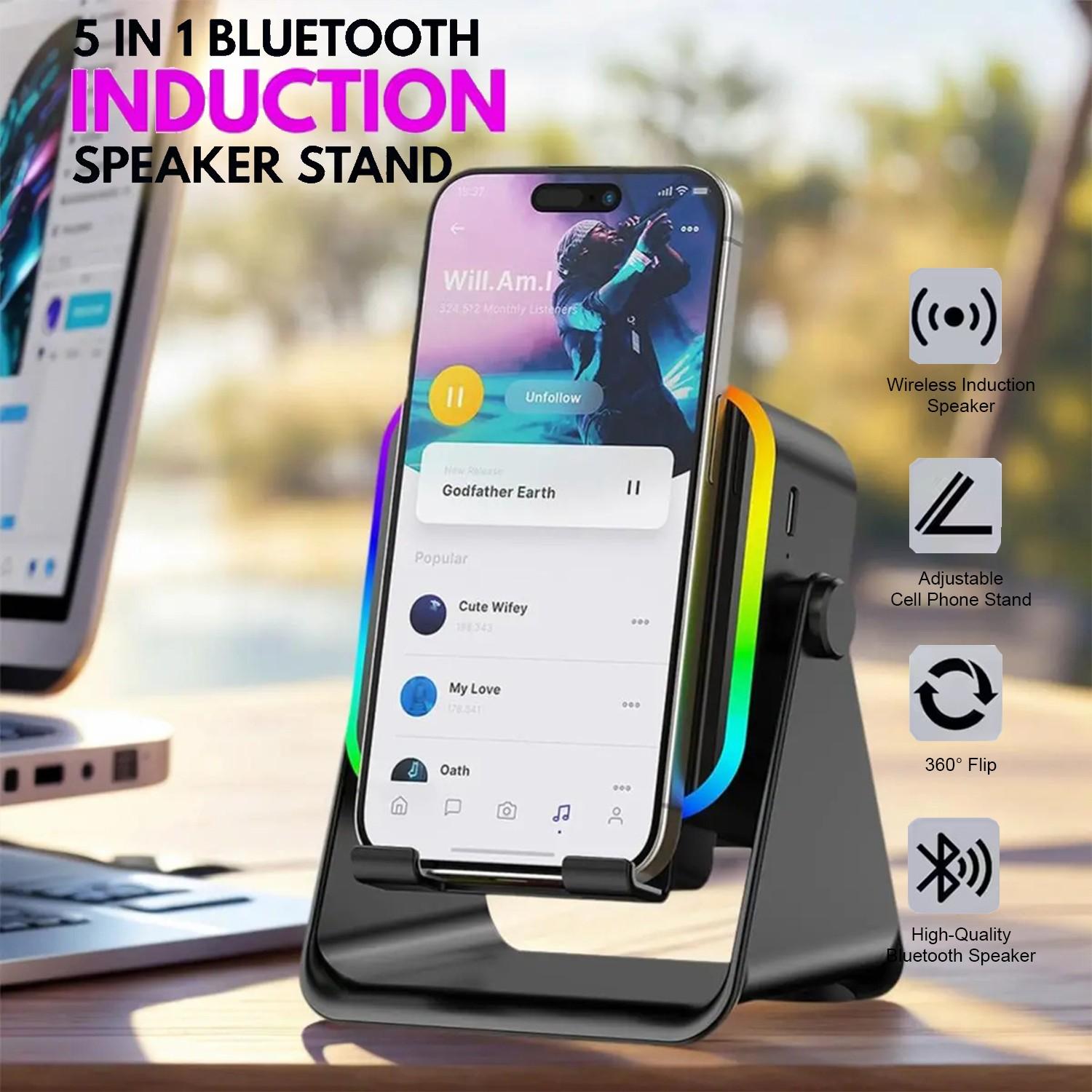 Five-In-One Wireless Bluetooth-compatible Speaker & Phone Stand, 1500mah USB Charging Power Bank, 360° Adjustable Holder, RGB Atmosphere Light