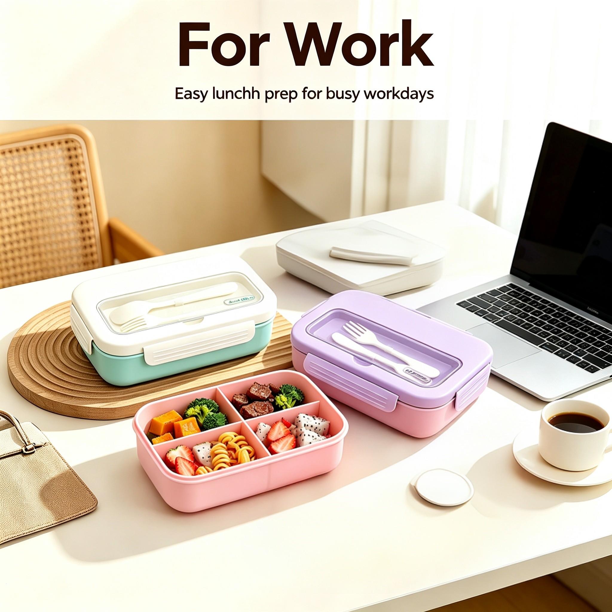 Bento Box for Adults Kids, 1200ML Leak‑Proof 2/3 Compartments Lunch Box with Built‑in Utensils, Fork, BPA‑Free Microwave‑Safe Food Container for Work School Picnic