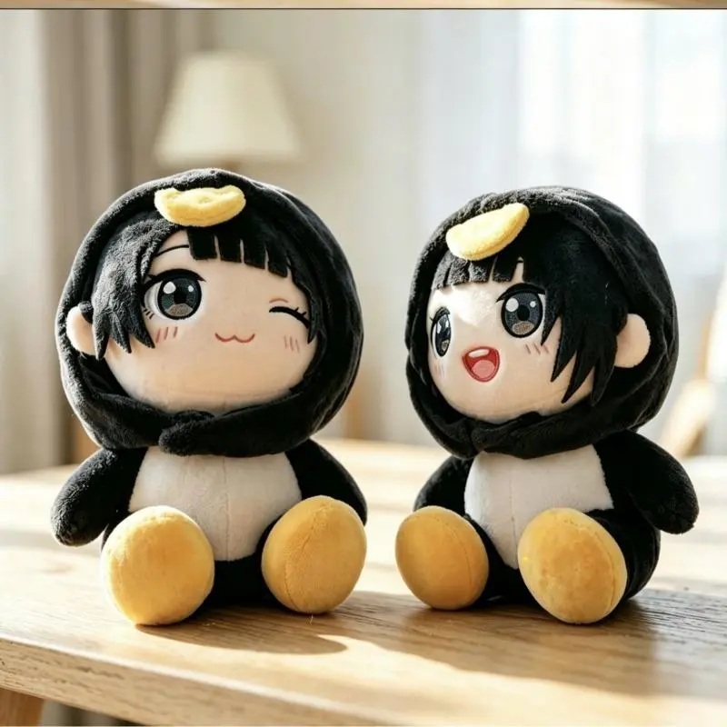 2 Pack Penguin Hood Girl Plush Doll Set Two Expressions Wink & Open Mouth Cute Cos Outfit Soft Stuffed Toy Sofa Decor Gift