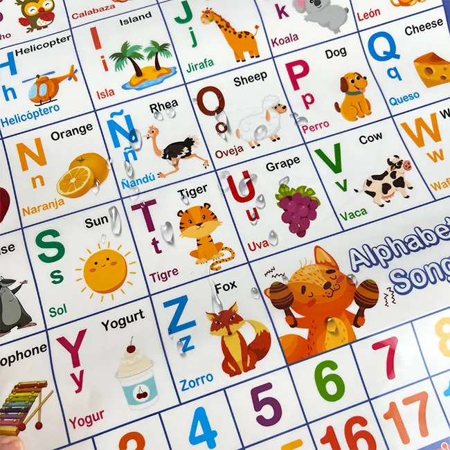 Product Introduction of Bilingual Talking Wall Chart for Kids – English & Spanish Learning Poster with Songs, ABCs, Numbers, Animal words & Piano – Interactive Educational Toy for Toddlers 1-6 – No Screen, Battery Powered classroom use Alphabet Preschool 10