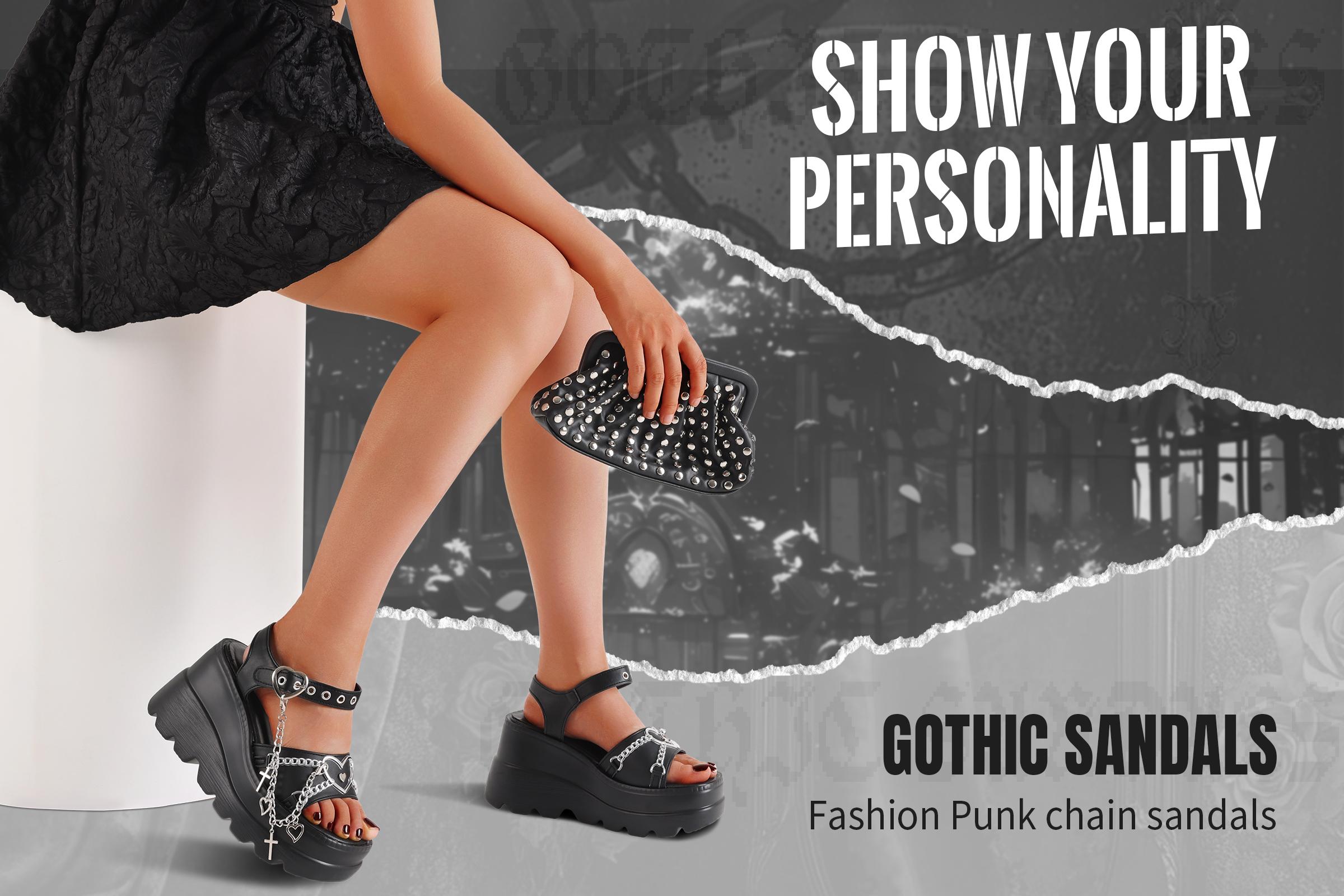 Summer Platform Sandals For Women Sweet Gothic Punk Heart Chain Buckle Comfort Square Toe High Slop Heel Wedge Sandals Black Flatform SpringStatements