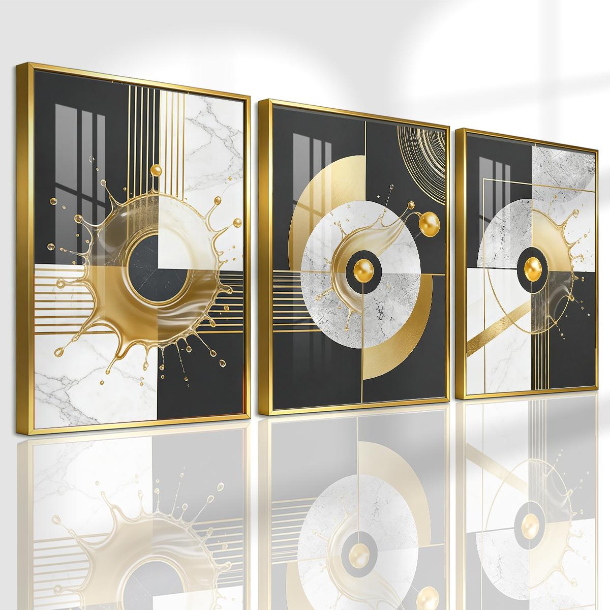 3 Counts Aluminum Alloy Framed Painting, Abstract Golden Splash Geometric Art Pictures, Home Decoration For Living Room, Bedroom, Office, Restaurant, Hallway Wall Decor, Odorless Print Artwork, Luxury Perfect Gift For Friends And Family